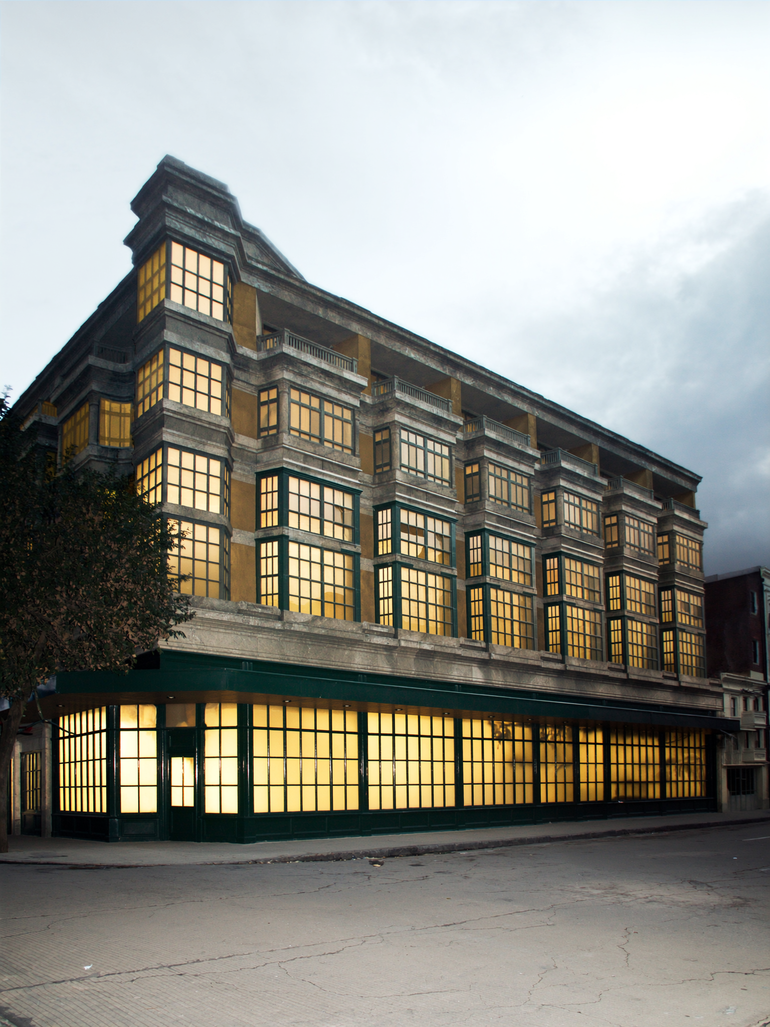 Investment property facade at dusk